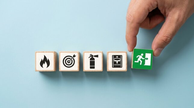Hand placing a green emergency exit sign block next to fire safety equipment icons
