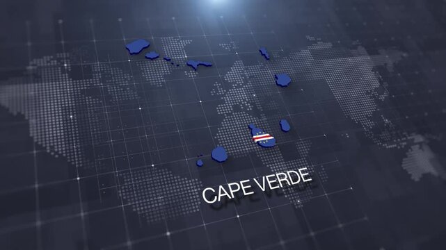 Cape Verde map with national flag on digital world map background, geographic border, global political and international news concept