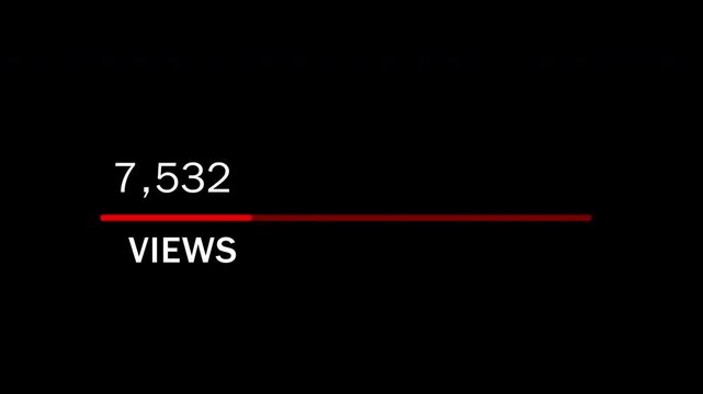 Social Media views counter from 0 views to 10,000 views with red bar for social media insight, live count on transparent background, 4k video