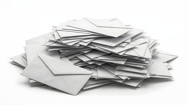 Massive heap of closed white mail envelopes stacked on a white background representing corporate correspondence and direct mail marketing campaigns