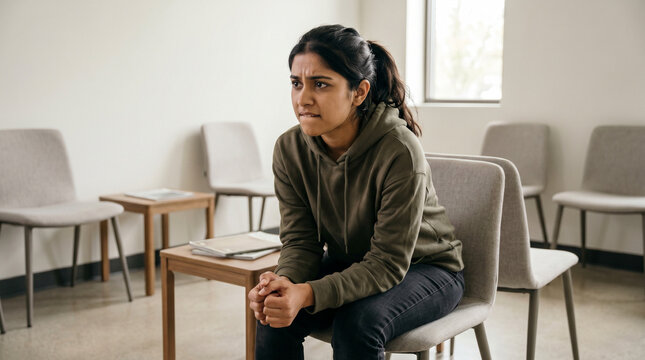 Nervous student awaiting visa decision sitting in empty waiting room