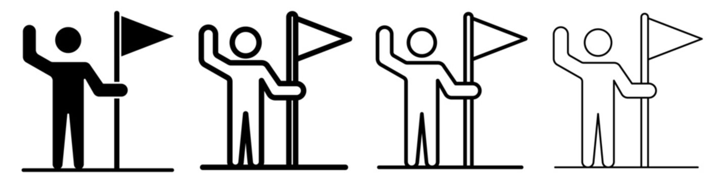 Person holding a flag icon set in solid and line art styles with editable stroke weight on white background. Vector illustration.