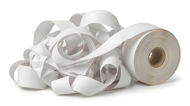 Tangled roll of blank white receipt paper unraveling on a white background symbolizing complex financial accounting and retail expense auditing