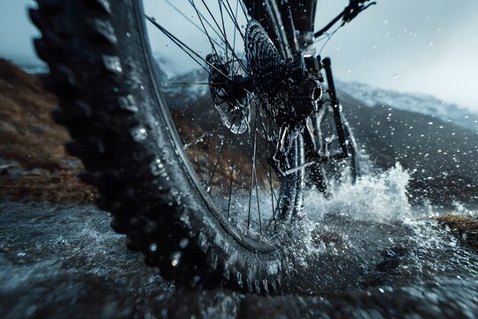 Close-up of high traction bicycle tire gripping wet terrain, splashing water droplets, showcasing rugged tread pattern and dynamic movement in an outdoor setting