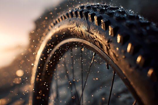 Close-up of rugged bicycle tire gripping wet terrain with droplets of water splashing around, showcasing tread pattern and texture in a natural outdoor setting