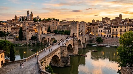 Obraz premium Historic stone bridge with people walking across it at sunset in a European city