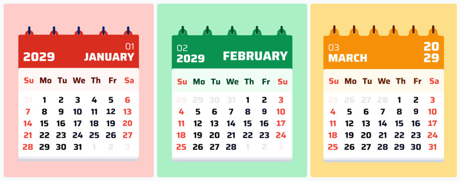 January , February , March 2029 calendar set. First quarter set of monthly grid sheets for wall planners, office schedules, project timelines and printable agendas