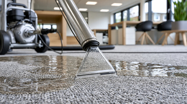 Wet carpet cleanup after flood damage in a modern workplace, emergency restoration service, with copy space