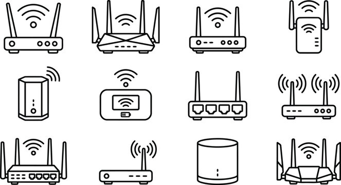 Set of Wi-Fi router and wireless internet connection outline vector icons in black and white grid style