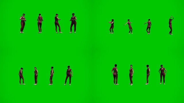 3d animated cartoon animation group of people standing on green screen chromakey background. Diverse animated characters in natural poses creating realistic crowd behavior perfect for public spac