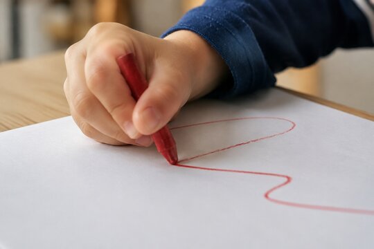 Authentic warm-tone lifestyle photograph of a toddler's small hand carefully drawing a red line with a crayon on paper, illustrating early childhood development.