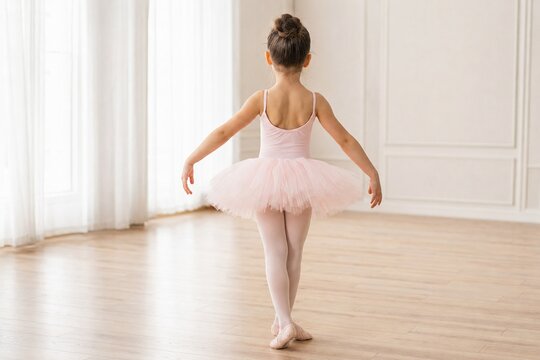 Soft focus natural light portrait of a little girl in ballet class, standing gracefully in a pink tutu before practice in a minimalist dance studio. Concept of childhood dreams and dedication.