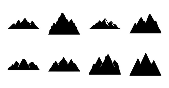 Minimalist mountain silhouette set with peaks variation - Eight clean black mountain silhouette icons showing different peak shapes and styles in a simple, minimalist design.