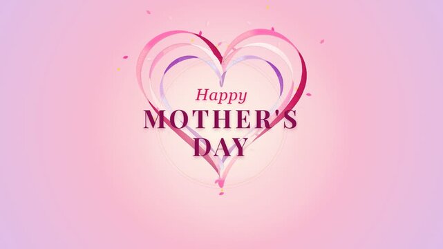 Happy Mothers Day greeting with pink heart and abstract ribbons background