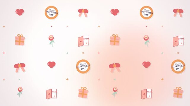 Happy Mothers Day Greeting Animated Pattern with Gifts Flowers and Hearts on White Background