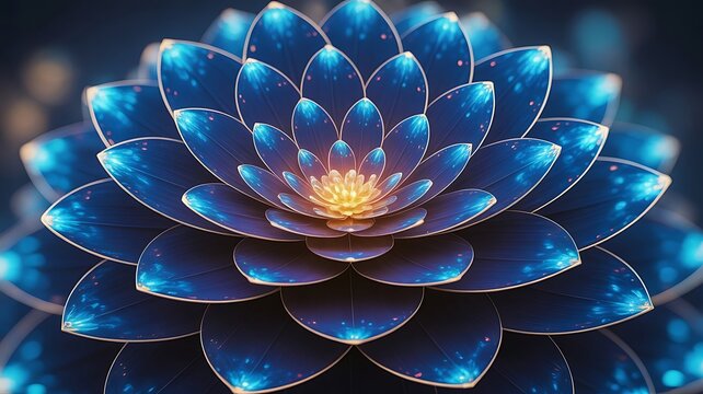 Glowing blue lotus flower mandala with golden rims and cosmic light reflections 