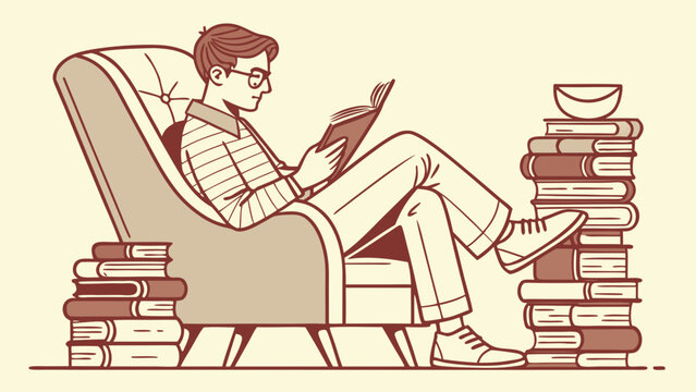 Young man reading a book in armchair surrounded by stacks of books, education and knowledge concept for international literacy day