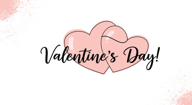 Romantic valentine day greeting card design featuring two intertwined pink hearts and elegant script calligraphy text.