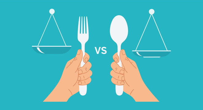 Healthy diet and balanced nutrition concept with hands holding a fork and spoon against empty balance scales.