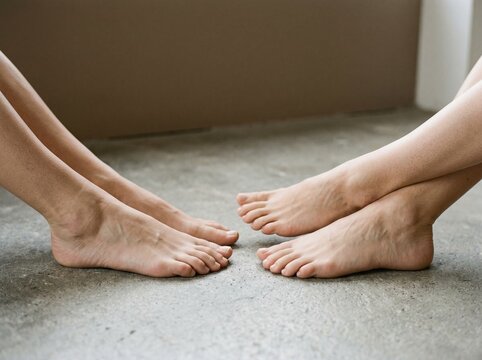 Bare feet resting on concrete floor. Relaxed people sitting together on a gray surface.
