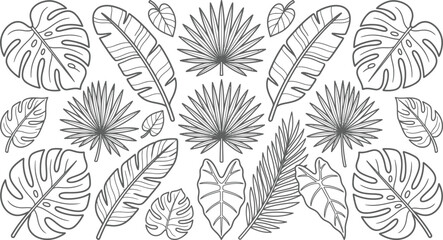 Fototapeta premium Detailed tropical jungle leaves coloring page vector drawing featuring exotic monstera and palm foliage for creative adult relaxation and botanical art projects