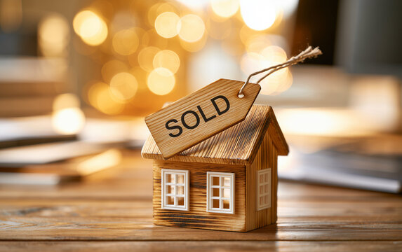 Successful Real Estate Transaction: Miniature House with Sold Sign and Handshake Background