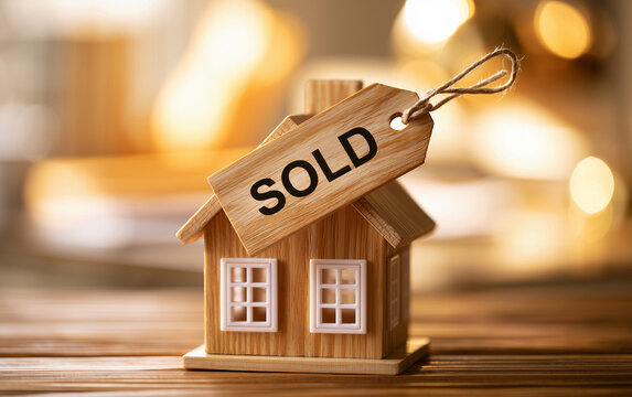 Successful Real Estate Transaction: Miniature House with Sold Sign and Handshake Background
