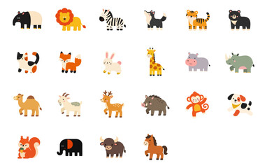 Obraz premium Set of 24 cute cartoon animal icons and elements in a grid layout