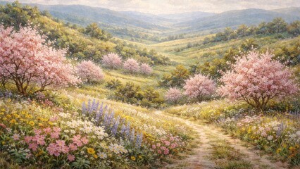 Obraz premium Serene landscape with blooming flowers.