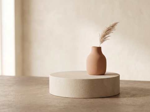 Minimalist product podium with vase. Empty stage for cosmetic display and branding.