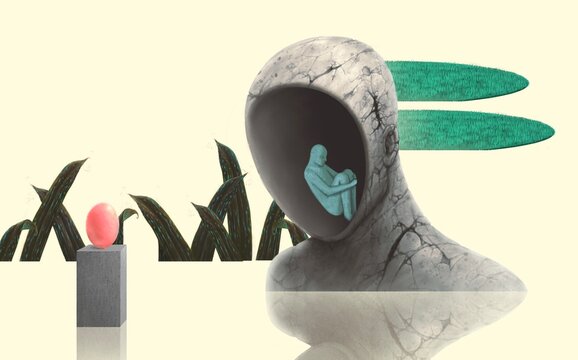 Depressed man in surreal room, lonely businessman, conceptual artwork, painting illustration, loneliness concept	