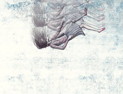 Depressed woman in surreal room, lonely businessman, conceptual artwork, painting illustration, loneliness concept	