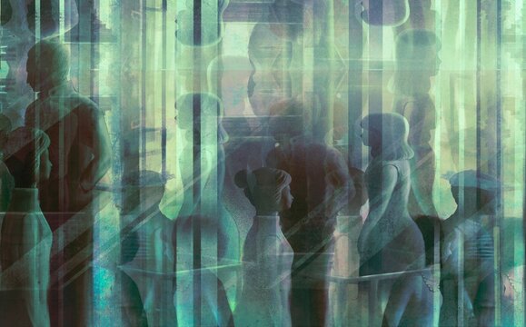 Crowd in the city. lonely people in town. Concept art, painting	

