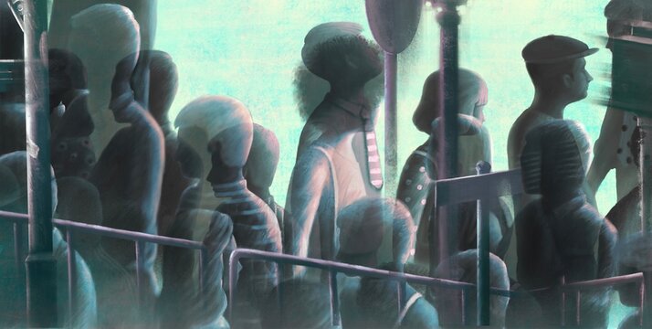Crowd in the city. lonely people in town. Concept art, painting	
