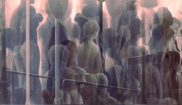 Crowd in the city. lonely people in town. Concept art, painting	
