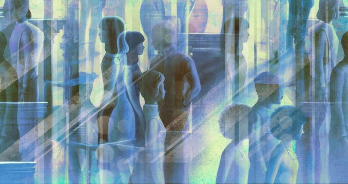 Crowd in the city. lonely people in town. Concept art, painting	

