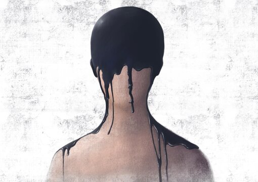 Depressed man in surreal room, lonely businessman, conceptual artwork, painting illustration, loneliness concept	