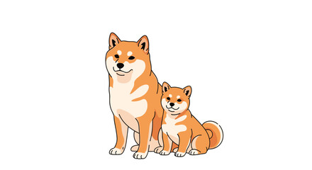 Fototapeta premium Pair of Shiba Inu dogs featuring an adult and a puppy sitting together, showing the characteristic orange and white fur of the breed.
