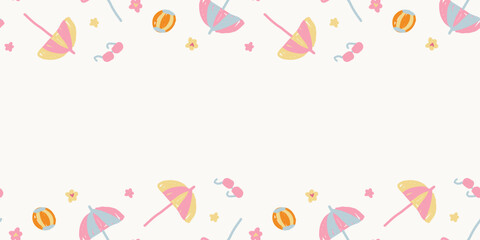 Horizontal seamless border background banner template with hand drawn cute beach parasol and ball  © Little Joy Designs