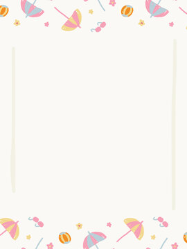 Blank rectangular invitation card template with cute hand drawn line frame and beach umbrella borders
