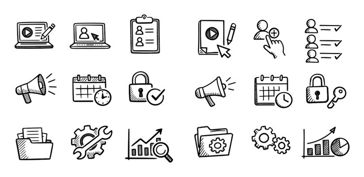 Business and communication vector icons with laptop, calendar and megaphone for web design in hand drawn style
