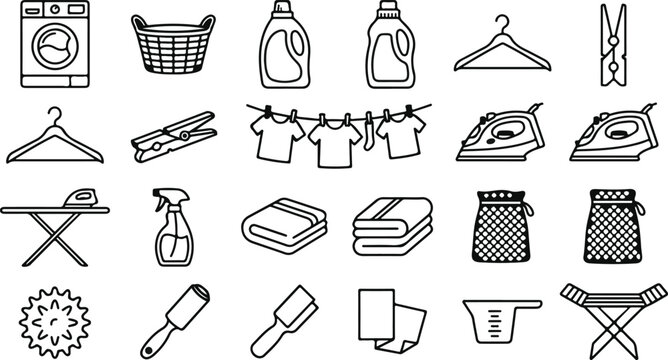Set of laundry and housework icons featuring washing machine iron detergent and cleaning supplies in hand drawn style