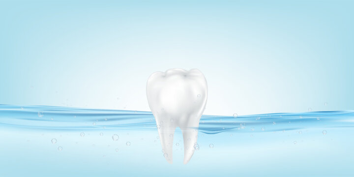 Bubble Dental Teeth Background For Oral Care, Cavity Prevention, Whitening, White Tooth In Water With Healthy Enamel, Realistic 3D Blue Illustration With Copy Space For Dentist And Healthcare Banner