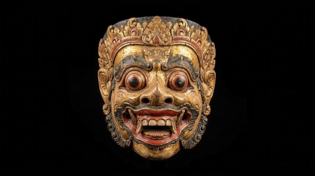 Ornate Golden Demon Mask, Balinese Dance Costume Detail, Black Background