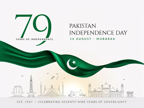 79th Pakistan Independence Day Background with Waving National Flag, Patriotic Ribbon and Skyline Illustration