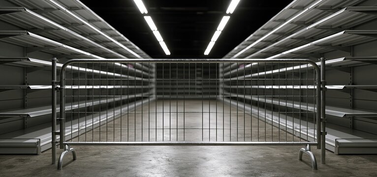 In a dimly lit supermarket, empty shelves behind a metal barrier highlight supply shortages and restricted access.
