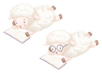 Obraz premium Cute lamb with glasses reading book. Watercolor isolated illustration for children, hand painted farm animal