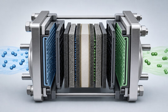 Cutaway hydrogen electrolyzer stack with layered membrane cells