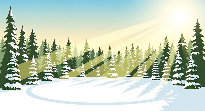 Snowy mountain peak with pine trees and sunrise.