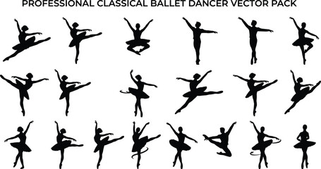 Set of black silhouettes of professional classical ballet dancers in various graceful poses and leaps © Jafrin